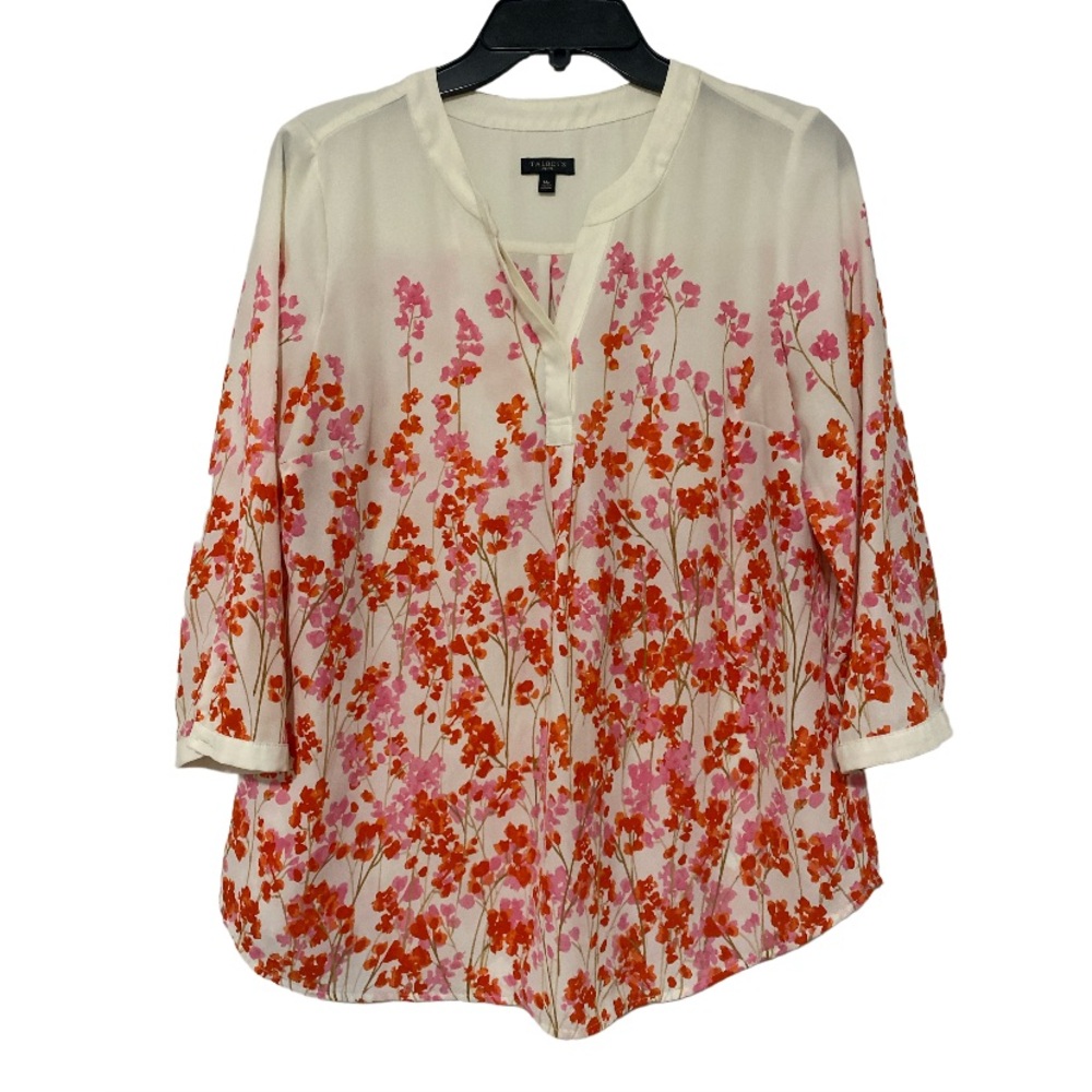 Talbots Blouse Long Sleeve V-neck Floral Pink Red Cream Flowy Silky Top Size MP